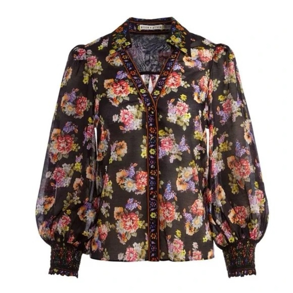 Alice + Olivia Cosima Black Floral Print Blouse